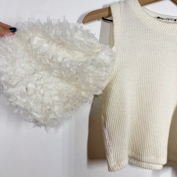 Zara Crop Top Size Small Cream Crew Neck Ribbed Cold Shoulder Boho Fluffy Sleeve - Picture 5 of 5